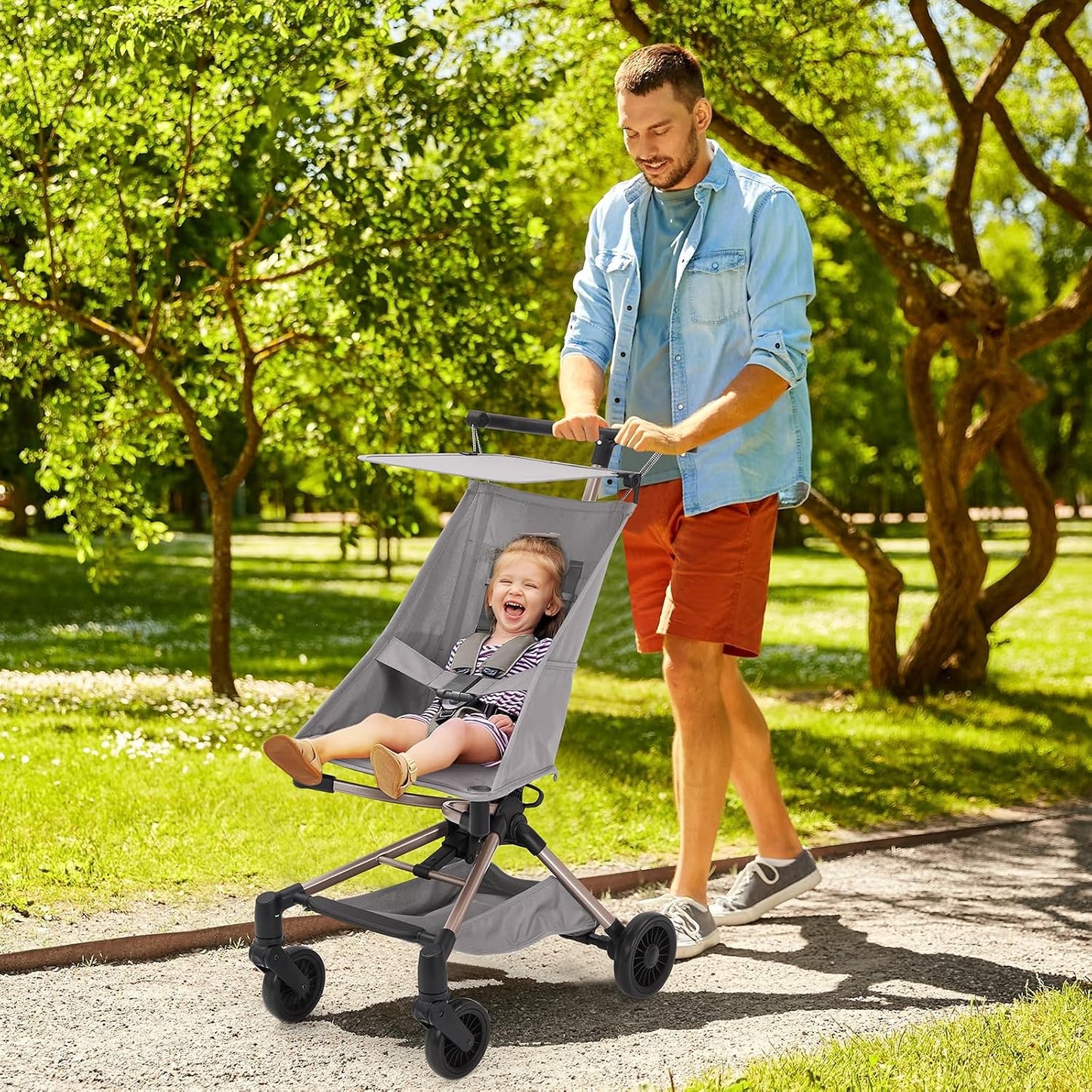 Lightweight Baby Travel Stroller, 8.4 Lbs Compact Airplane Friendly Stroller, One-Hand Quick Fold Design, Breathable Fabric with UPF 50+ Sun Canopy, Overhead Bin Compatible Portable Car for Infants & Toddlers,Grey