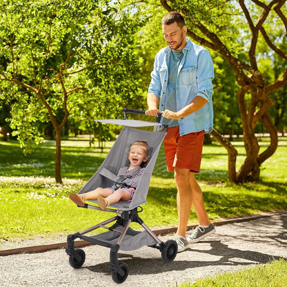 Lightweight Baby Travel Stroller, 8.4 Lbs Compact Airplane Friendly Stroller, One-Hand Quick Fold Design, Breathable Fabric with UPF 50+ Sun Canopy, Overhead Bin Compatible Portable Car for Infants & Toddlers,Grey