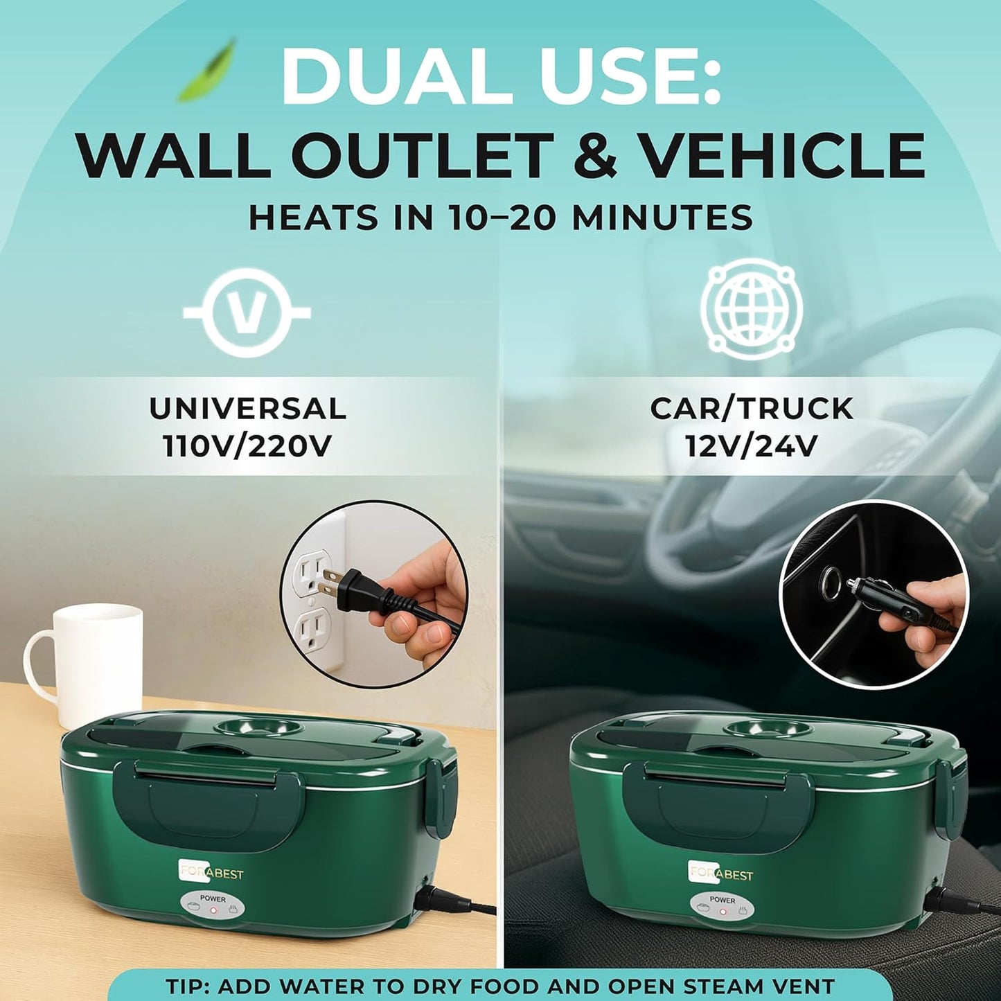 FORABEST Electric Lunch Box Food Heater 80W 1.5L Stainless Steel Heated Lunch Box for Men & Women, Universal 12/24/110/220V Self Heating Lunch Box for Car, Truck & Work, Portable Food Warmer lunch box