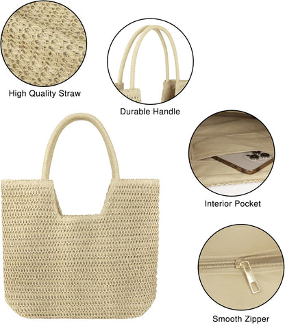 Straw Beach Bags for Women Large Beach Tote Bag Woven Shoulder Handbag Purse for Summer