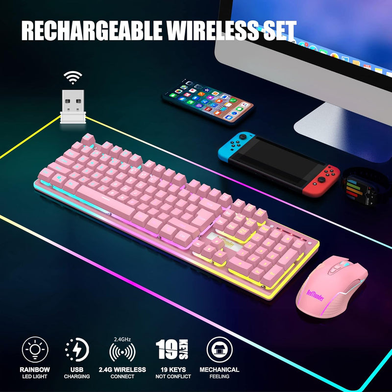 RedThunder K10 Wireless Gaming Keyboard and Mouse Combo, LED Backlit Rechargeable 3800mAh Battery, Mechanical Feel Anti-ghosting Keyboard + 7D 3200DPI Mice for PC Gamer (Black)