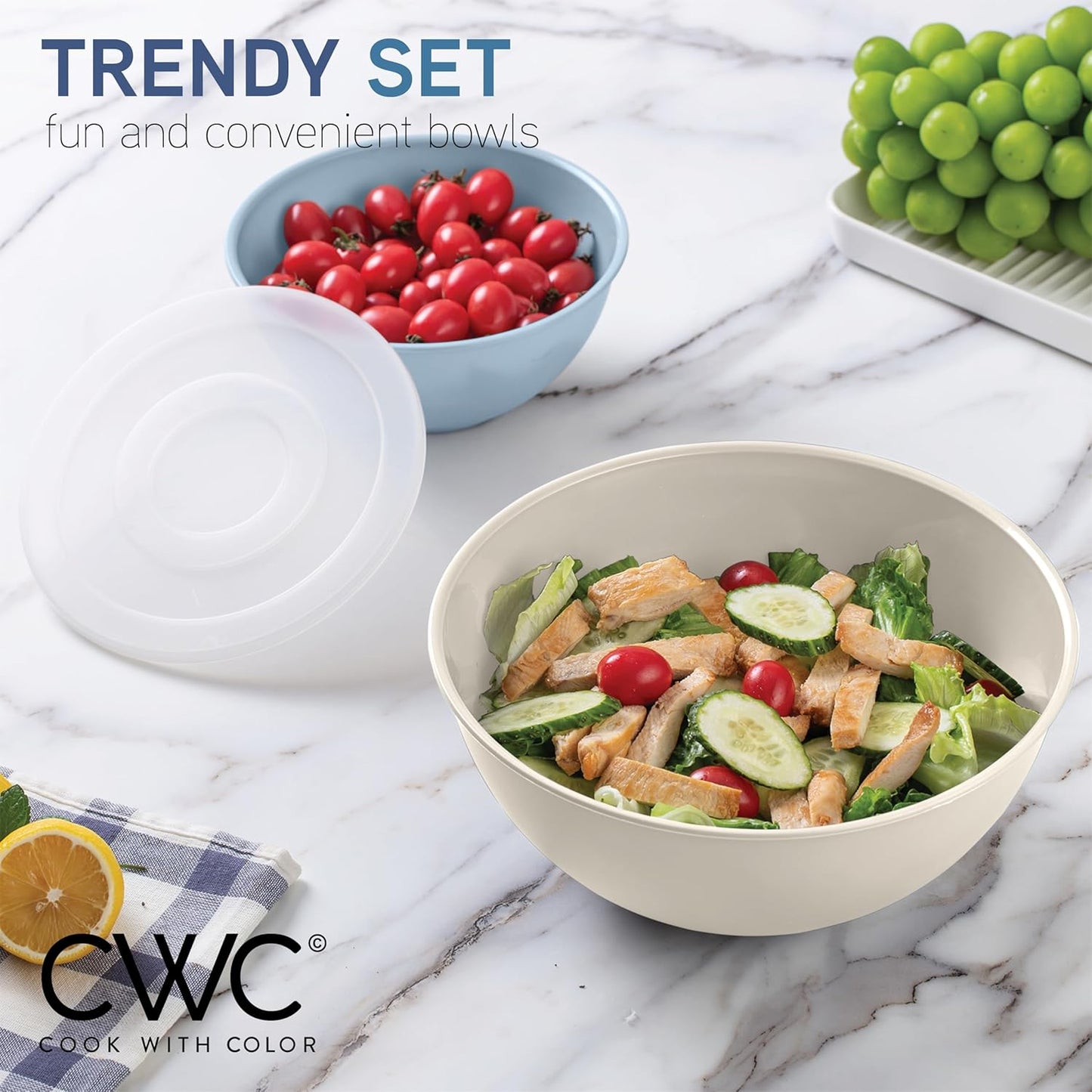 COOK WITH COLOR Mixing Bowls with TPR Lids - 12 Piece Plastic Nesting Bowls Set Includes 6 Prep Bowls and 6 Lids, Microwave Safe Mixing Bowl Set (Mint)