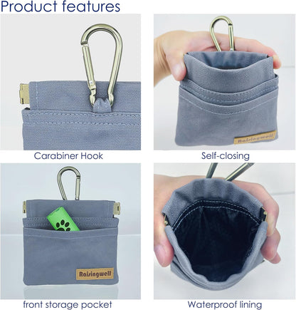 Raisingwell Dog Treat Pouch, Black Pocket Sized Pet Training Pouch, Cotton Fabric, Hand Free Dog Walking Bag with Carabiner, Self-Closing Pet Feed Snack Reward, for Pet Puppy Travel or Outdoor Use