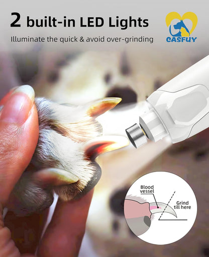 Casfuy Dog Nail Grinder Quiet - (45db) 6-Speed Pet Nail Grinder with 2 LED Lights for Large Medium Small Puppy Dogs/Cats, Professional 3 Ports Rechargeable Electric Dog Nail Trimmer with Dust Cap (P)