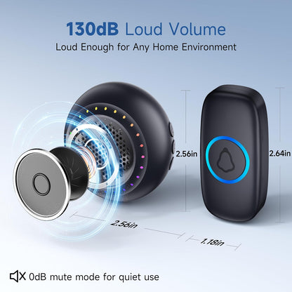 Wireless Doorbell with 48 Chimes, Door Bell Kit with 1000ft Range, Easy Installation, Loud 4 Volume Levels, LED Indicator, Waterproof, for Home Office Classroom, Black