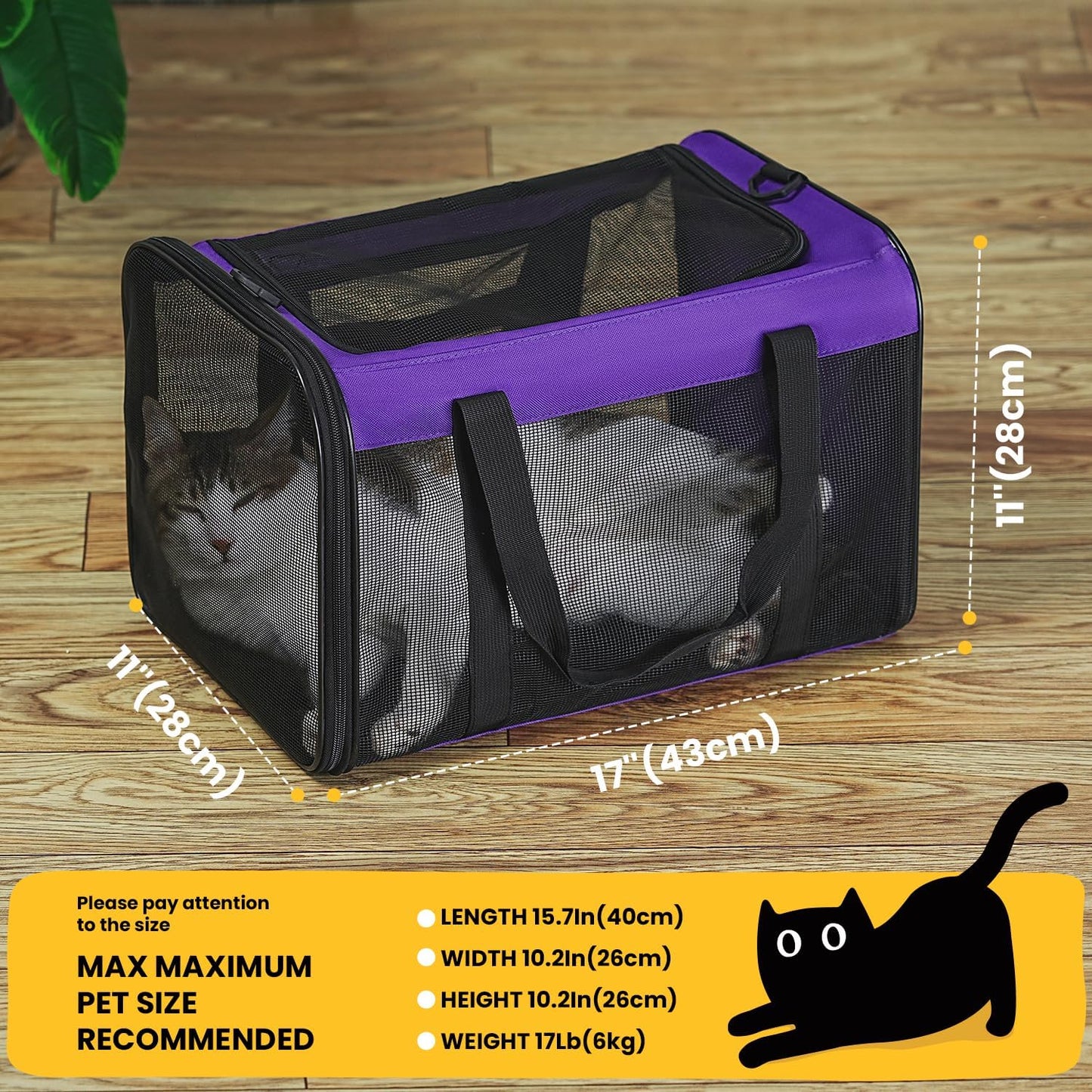 Conlun Cat Carrier Bag,Soft-Sided Pet Carriers for Dogs with 4-Sided Mesh,Airline Approved Cat Transport Carrier for Small&Medium Cats Kitten Puppy Up to 6Kg,Collapsible Cat Travel Carrier-M,Black