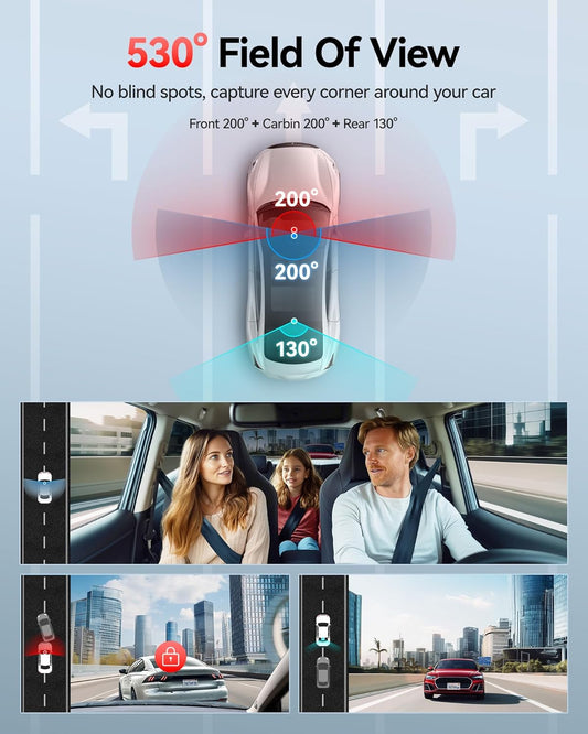 REDTIGER 530° Dash Cam 3 Channel, 2.5K+2.5K+1080P Triple Car Camera with 128GB Card, IR Night Vision, Touch Screen, Dashcam for Front Inside Rear Included WiFi GPS, 24H Parking Mode - PuriLite
