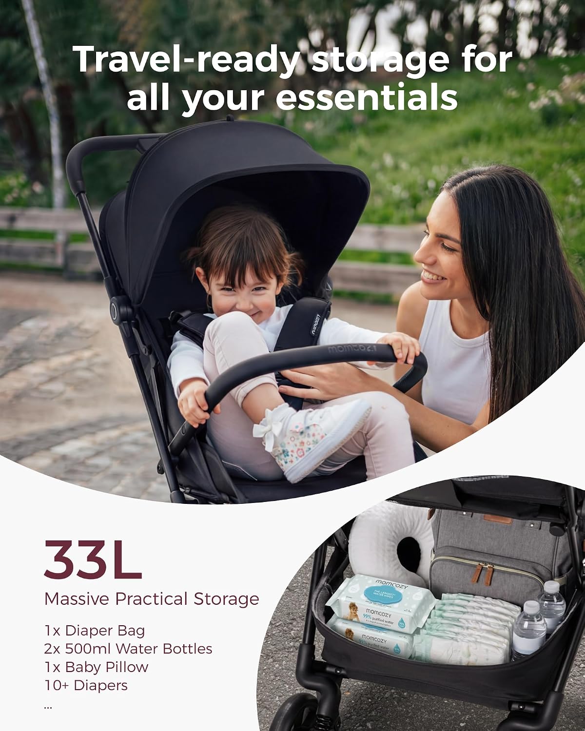 Momcozy TuckGo Lightweight Travel Stroller, One Click Fold for Toddlers 6M-3Y, 33L Bottom Storage, Compact Easier Air Travel, Travel Bag Included, 3-Position Recline, UPF 50+ Canopy, 5-Point Harness