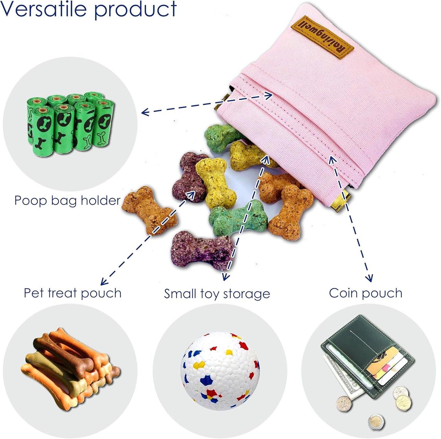 Raisingwell Dog Treat Pouch, Black Pocket Sized Pet Training Pouch, Cotton Fabric, Hand Free Dog Walking Bag with Carabiner, Self-Closing Pet Feed Snack Reward, for Pet Puppy Travel or Outdoor Use