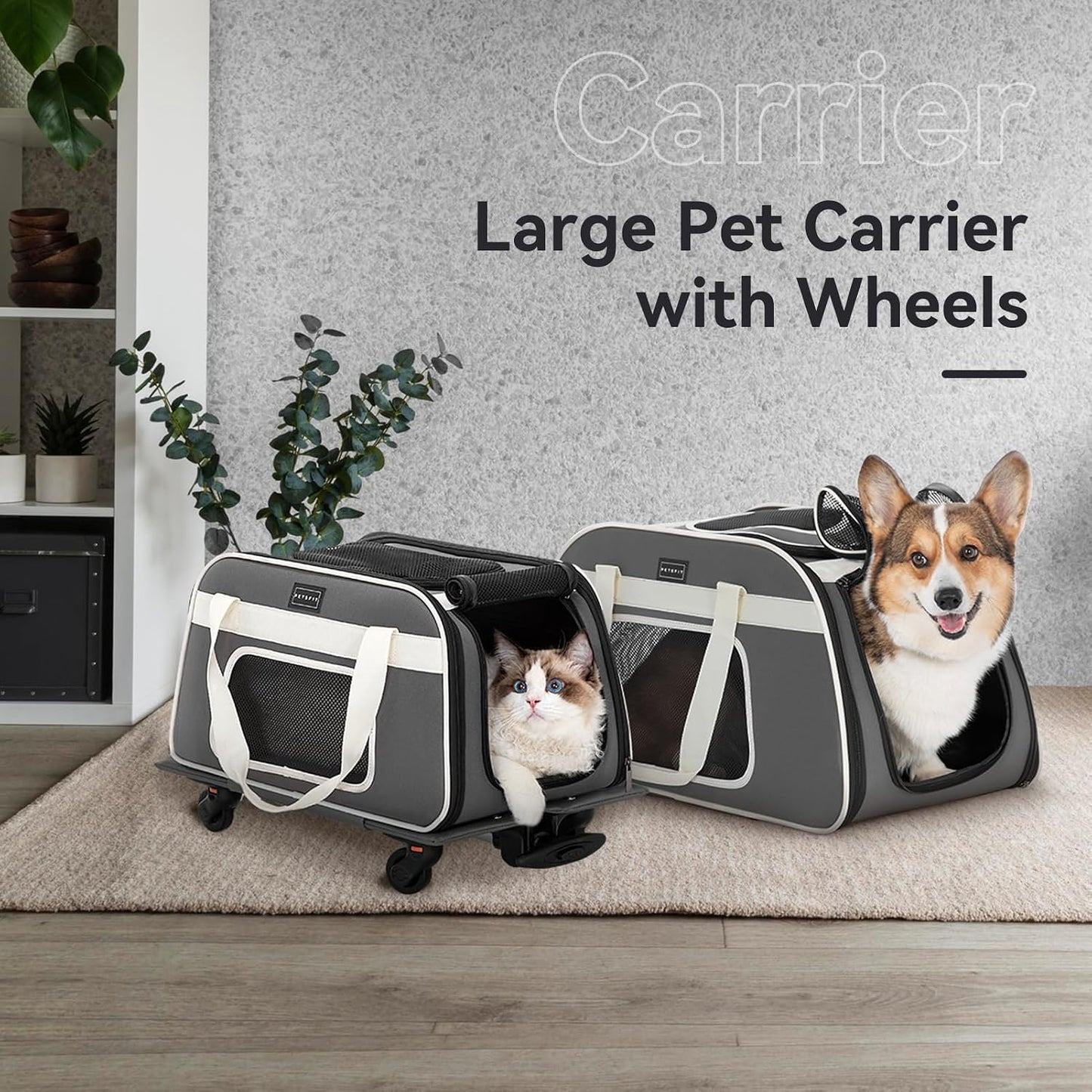 PETSFIT Airline Approved Dog Carrier with Wheels Designed for Small Dogs/Cats with Adjustable Safety Rope & Removable Wheels,Grey