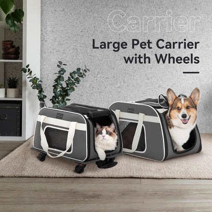 PETSFIT Airline Approved Dog Carrier with Wheels Designed for Small Dogs/Cats with Adjustable Safety Rope & Removable Wheels,Grey