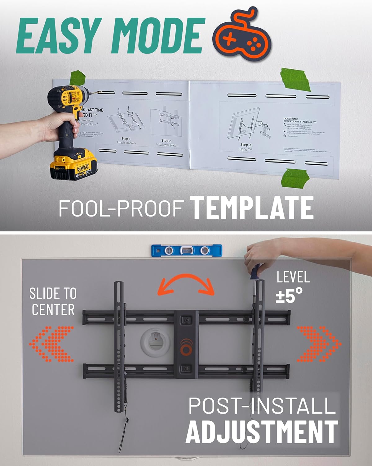 ECHOGEAR Wall Mount for TVs Up to 90" - Low Profile Design Holds Your TV Only 2.25" from The Wall - Fast Install with Template & You Can Level After Mounting - Pull Strings for Easy Cable Access