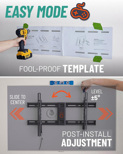 ECHOGEAR Wall Mount for TVs Up to 90" - Low Profile Design Holds Your TV Only 2.25" from The Wall - Fast Install with Template & You Can Level After Mounting - Pull Strings for Easy Cable Access