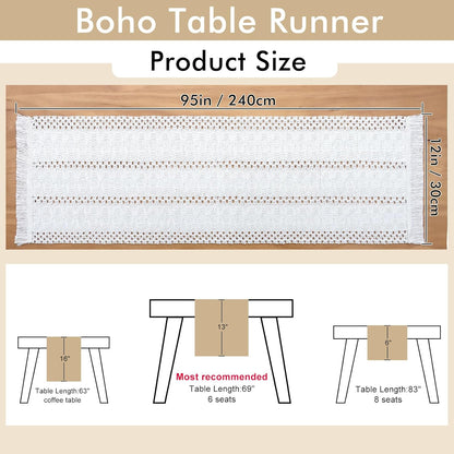 Alynsehom Macrame Table Runner Cream Beige Boho Table Runners with Tassels Hand Woven Cotton Table Runner Rustic Farmhouse Table Runners for Bohemian Kitchen Dining Table(12x95in)