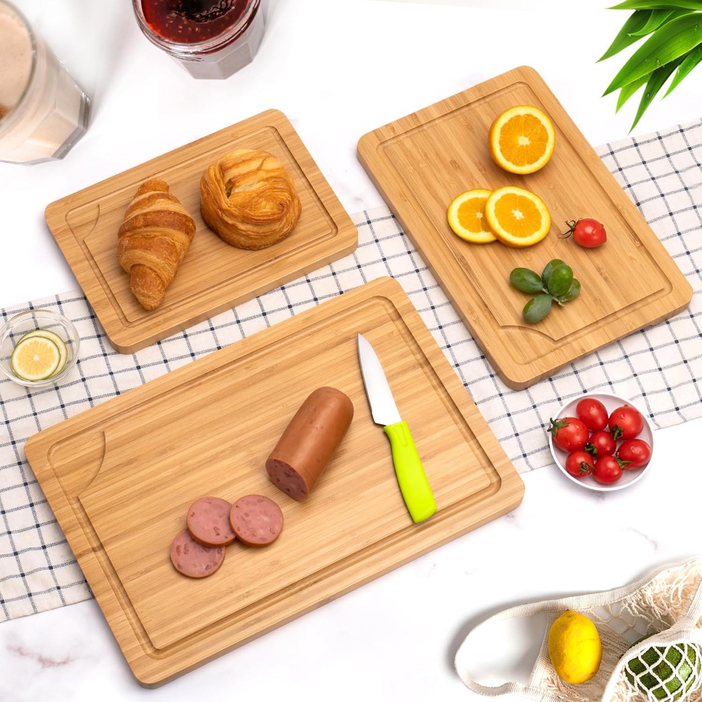 Bamboo Cutting Board Set of 3, Cutting Boards for Kitchen with Juice Groove, Bamboo Chopping Board Set, Serving Board Set for Meat, Fruit Vegetable and Cheese