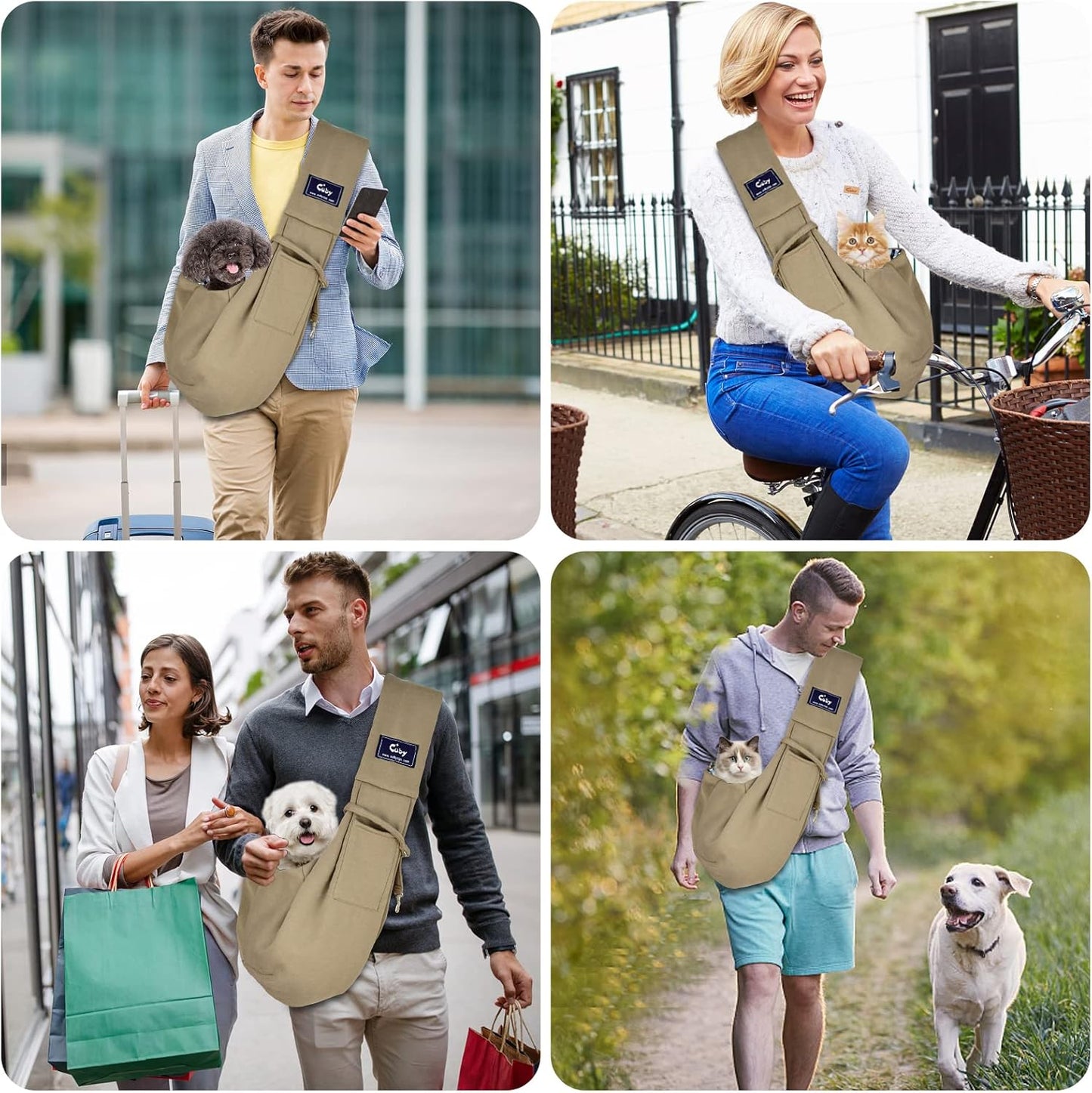 Cuby Adjustable Dog Cat Sling Padded Hard Bottom Pet Carrier Sling Soft Carrying Puppy Bag for Small Dogs Cats Outdoor Travel (Grayish-White)