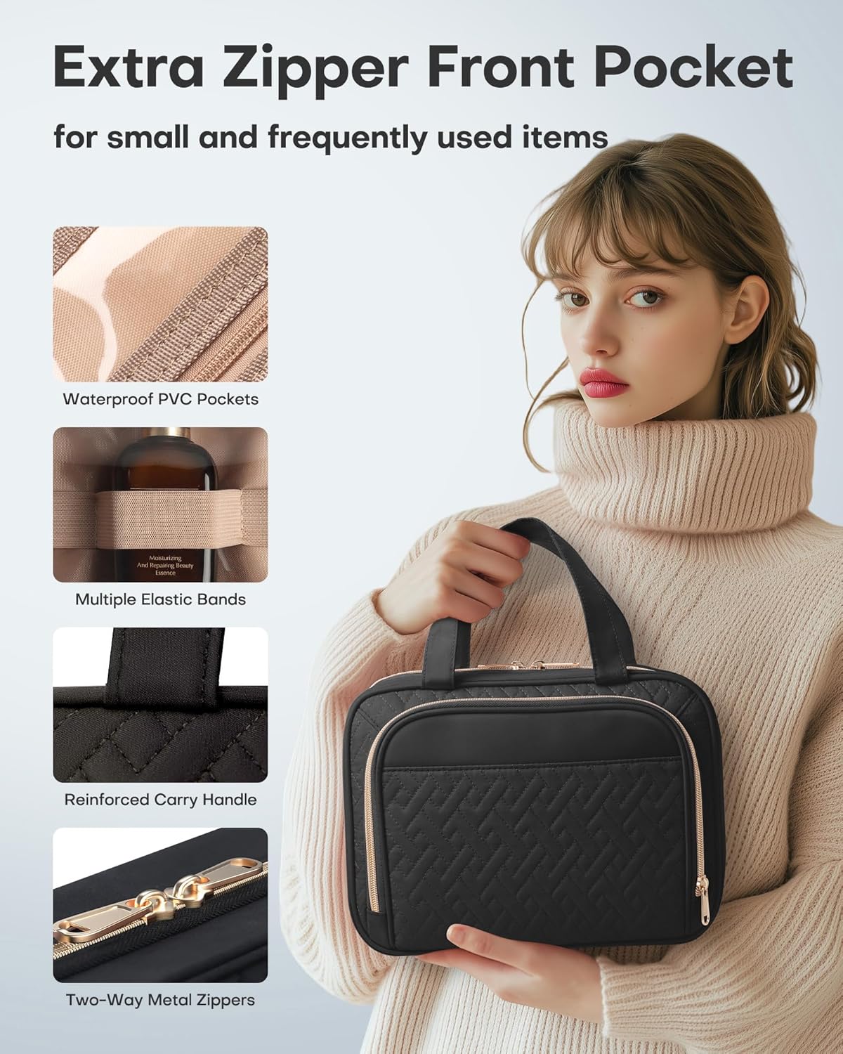 HOTOR Travel Toiletry Bag for Women - Spacious Toiletry Bag for Men, Waterproof Makeup Bag with Hanging Hook and Multiple Pockets, Travel Accessories, Travel Essentials, Black, Medium