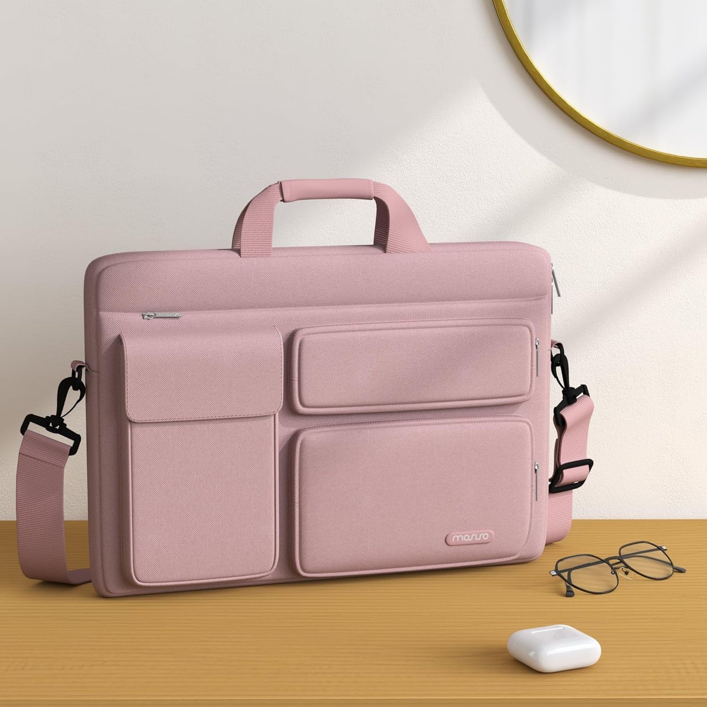 MOSISO Laptop Bag 16 inch, 15-15.6 inch Computer Shoulder Bag Compatible with MacBook Air 15 M4 M3 M2/Pro 16 M4 M3 M2 M1, Notebook &2 Raised&1 Flapover&1 Horizontal Pocket&Handle&Belt, Pink - PuriLite