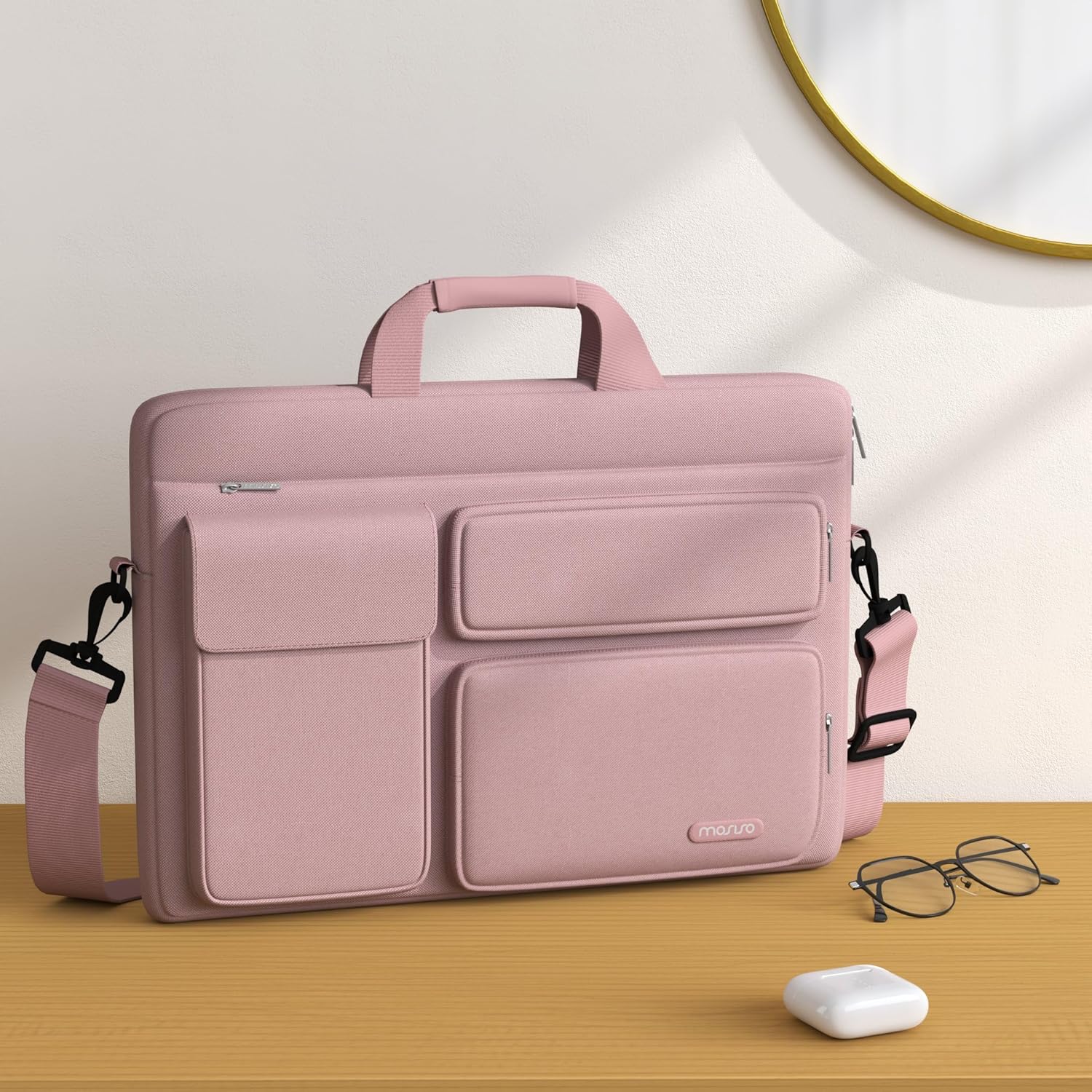 MOSISO Laptop Bag 16 inch, 15-15.6 inch Computer Shoulder Bag Compatible with MacBook Air 15 M4 M3 M2/Pro 16 M4 M3 M2 M1, Notebook &2 Raised&1 Flapover&1 Horizontal Pocket&Handle&Belt, Pink - PuriLite
