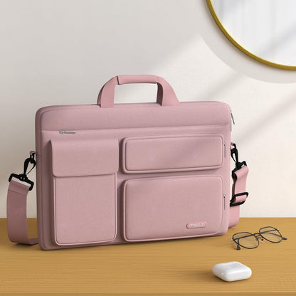 MOSISO Laptop Bag 16 inch, 15-15.6 inch Computer Shoulder Bag Compatible with MacBook Air 15 M4 M3 M2/Pro 16 M4 M3 M2 M1, Notebook &2 Raised&1 Flapover&1 Horizontal Pocket&Handle&Belt, Pink - PuriLite