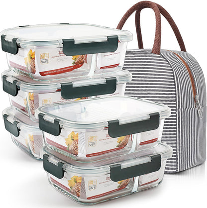 DAS TRUST 5 Pack 36oz Food Storage Containers 2 Compartments Glass Meal Prep Containers with Lid Lunch Containers for Adult Food Prep with Dividers