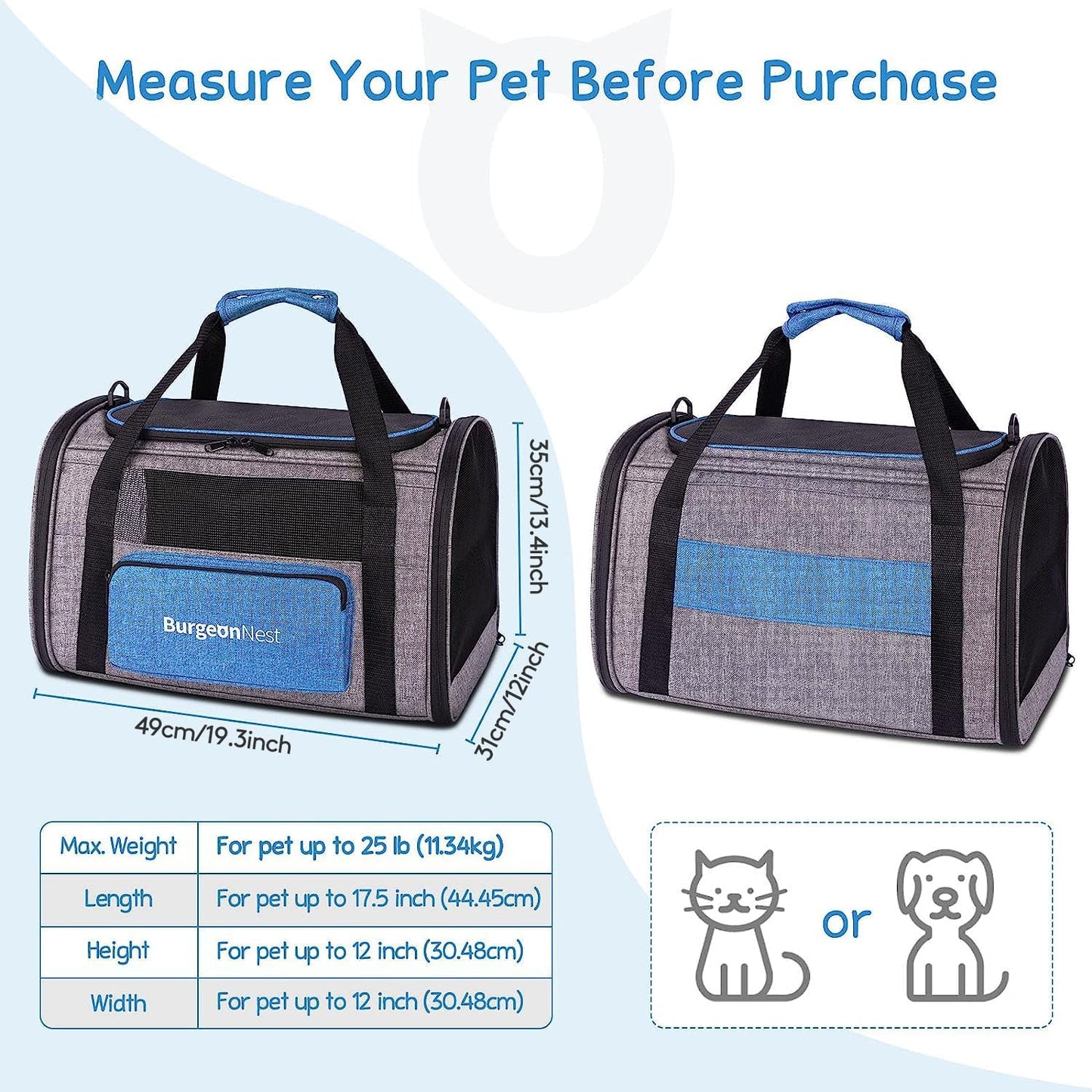 BurgeonNest Cat Carriers for Medium Cats Under 25 lbs, Pet Carrier for Cats with Unique Side Bag,Top Load Small Pet Carrier Soft-Sided Escape Proof with 4 Ventilated Windows