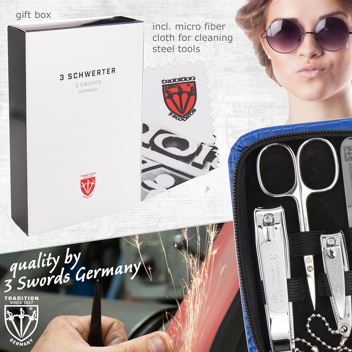 3 Swords Germany - brand quality 8 piece manicure pedicure grooming kit set for professional finger & toe nail care scissors clipper fashion leather case camou in gift box, Made in Germany