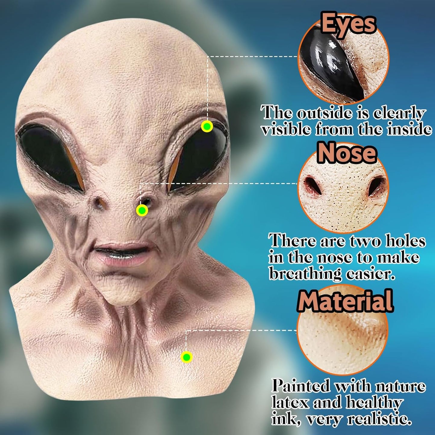 Alien Mask, Scary Latex UFO Head Mask, Realistic Alien Face Masks for Halloween Carnival Party Props - Light Brown