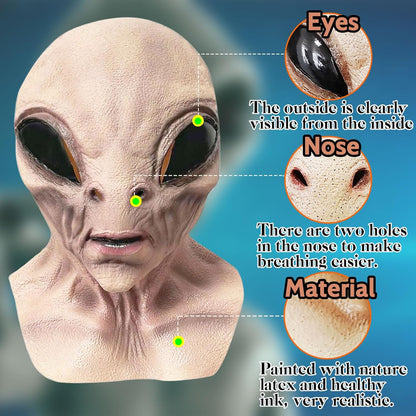 Alien Mask, Scary Latex UFO Head Mask, Realistic Alien Face Masks for Halloween Carnival Party Props - Light Brown