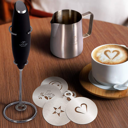 Zulay Kitchen Powerful Double Whisk Milk Frother Handheld - Foam Maker with Stand - Whisk Drink Mixer for Coffee, Mini Foamer for Latte, Matcha, Frappe, Hot Chocolate & Cappuccino (Black)
