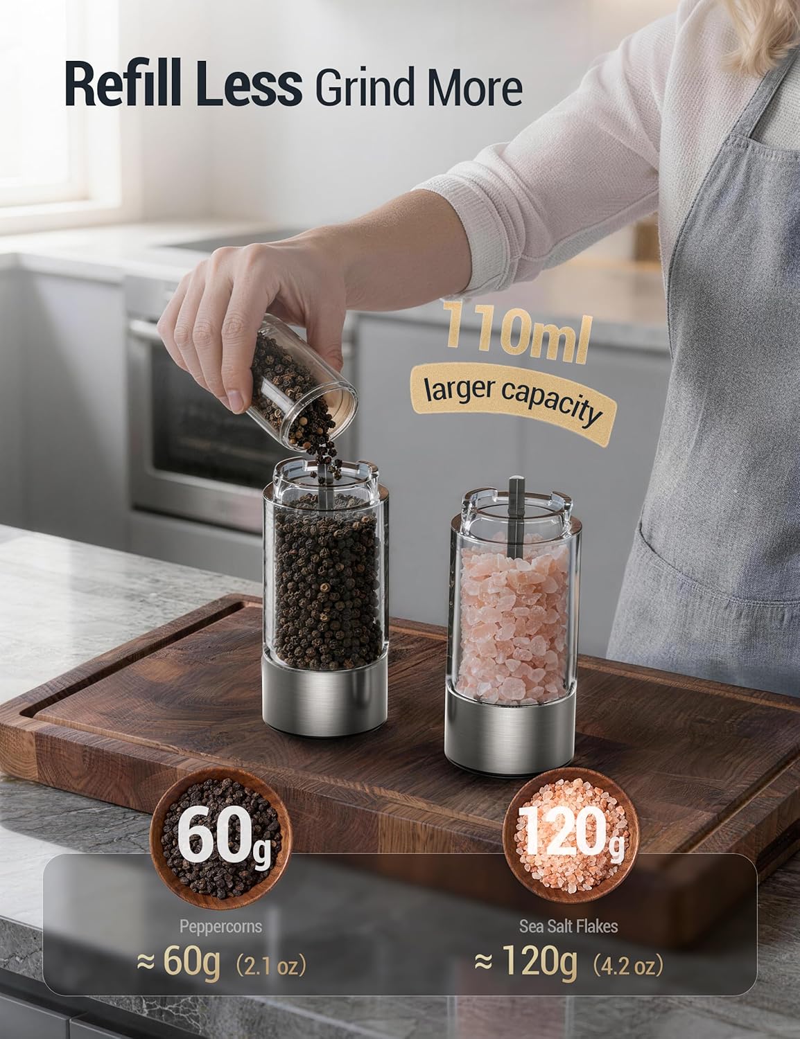 ThermoMaven Electric Salt and Pepper Grinder Set, 110ml Larger Rechargeable Automatic Salt and Pepper Mill Grinder with 6 Adjustable Coarseness, Electric Salt and Pepper Shakers, LED, 2 Packs, Silver
