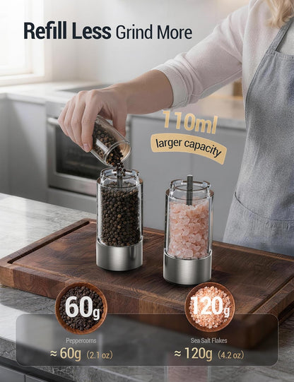 ThermoMaven Electric Salt and Pepper Grinder Set, 110ml Larger Rechargeable Automatic Salt and Pepper Mill Grinder with 6 Adjustable Coarseness, Electric Salt and Pepper Shakers, LED, 2 Packs, Silver