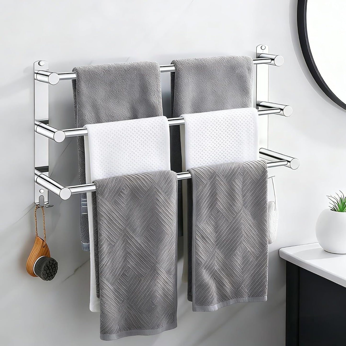 SUS304 Three Bar Adjustable Towel Rack, Expandable Range:16.5 in to 29.9 in, Bathroom Towel Holder with Double Hooks,Two Installation Methods:Drillinstallation and No-Drill Installation.(Silvery)
