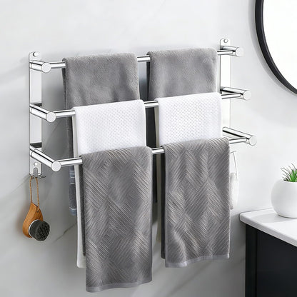 SUS304 Three Bar Adjustable Towel Rack, Expandable Range:16.5 in to 29.9 in, Bathroom Towel Holder with Double Hooks,Two Installation Methods:Drillinstallation and No-Drill Installation.(Silvery)