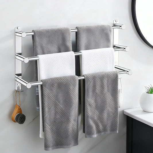 SUS304 Three Bar Adjustable Towel Rack, Expandable Range:16.5 in to 29.9 in, Bathroom Towel Holder with Double Hooks,Two Installation Methods:Drillinstallation and No-Drill Installation.(Silvery)