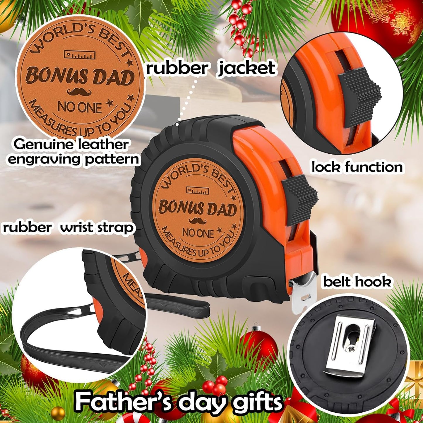 Genuine Leather Engraved 25 FT Tape Measure – Bonus Dad & Step Dad Gift – Stocking Stuffer Tool for Men with “No One Measures Up to You” Message