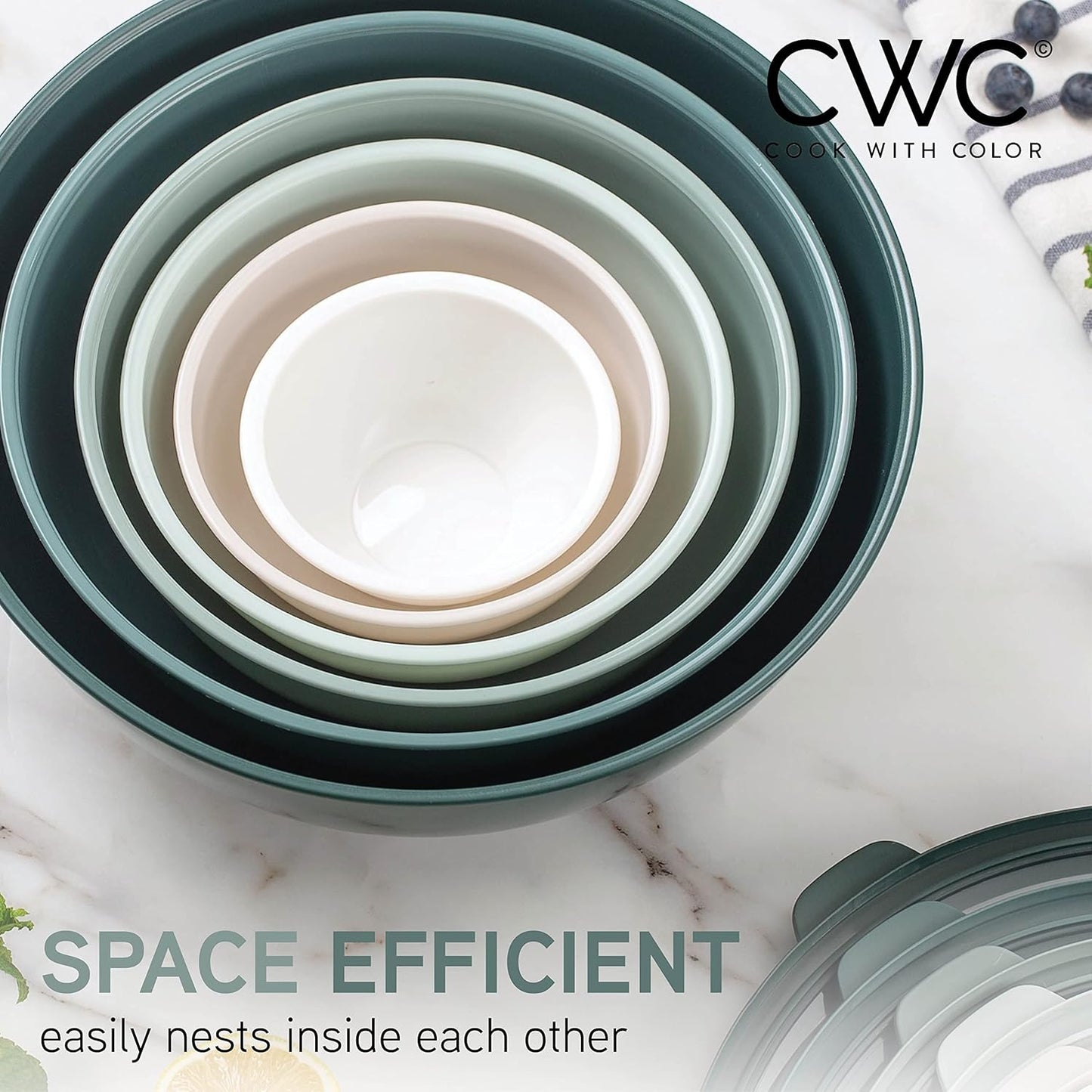 COOK WITH COLOR Mixing Bowls with TPR Lids - 12 Piece Plastic Nesting Bowls Set Includes 6 Prep Bowls and 6 Lids, Microwave Safe Mixing Bowl Set (Green)