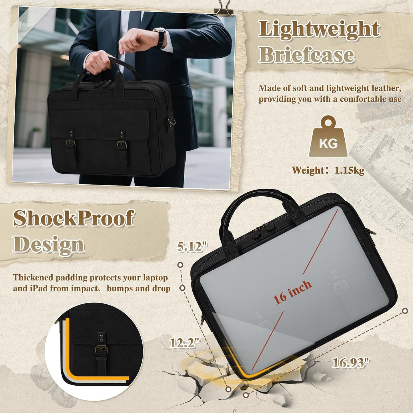 RAINSMORE Messenger Bag for Men 16 Inch Laptop Bag Vintage Leather Waterproof Laptop Briefcases Large Computer Satchel Bag - PuriLite