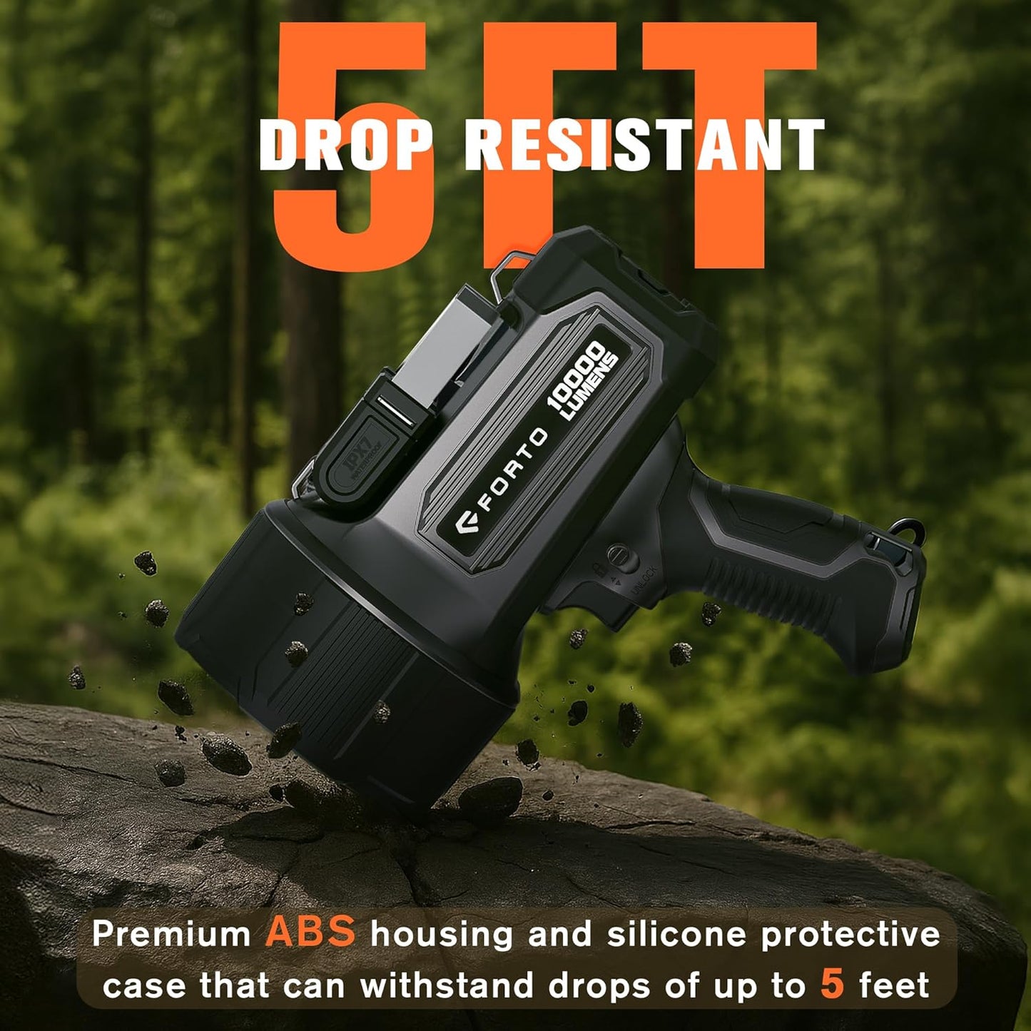 FORTO Rechargeable Spotlight 5000LM, IPX7 Waterproof Flashlight with 5200mAh Long-Lasting Battery, 7 Modes Handheld Light with EVA Case, for Boat, Hunting, Emergency, Outdoor Use