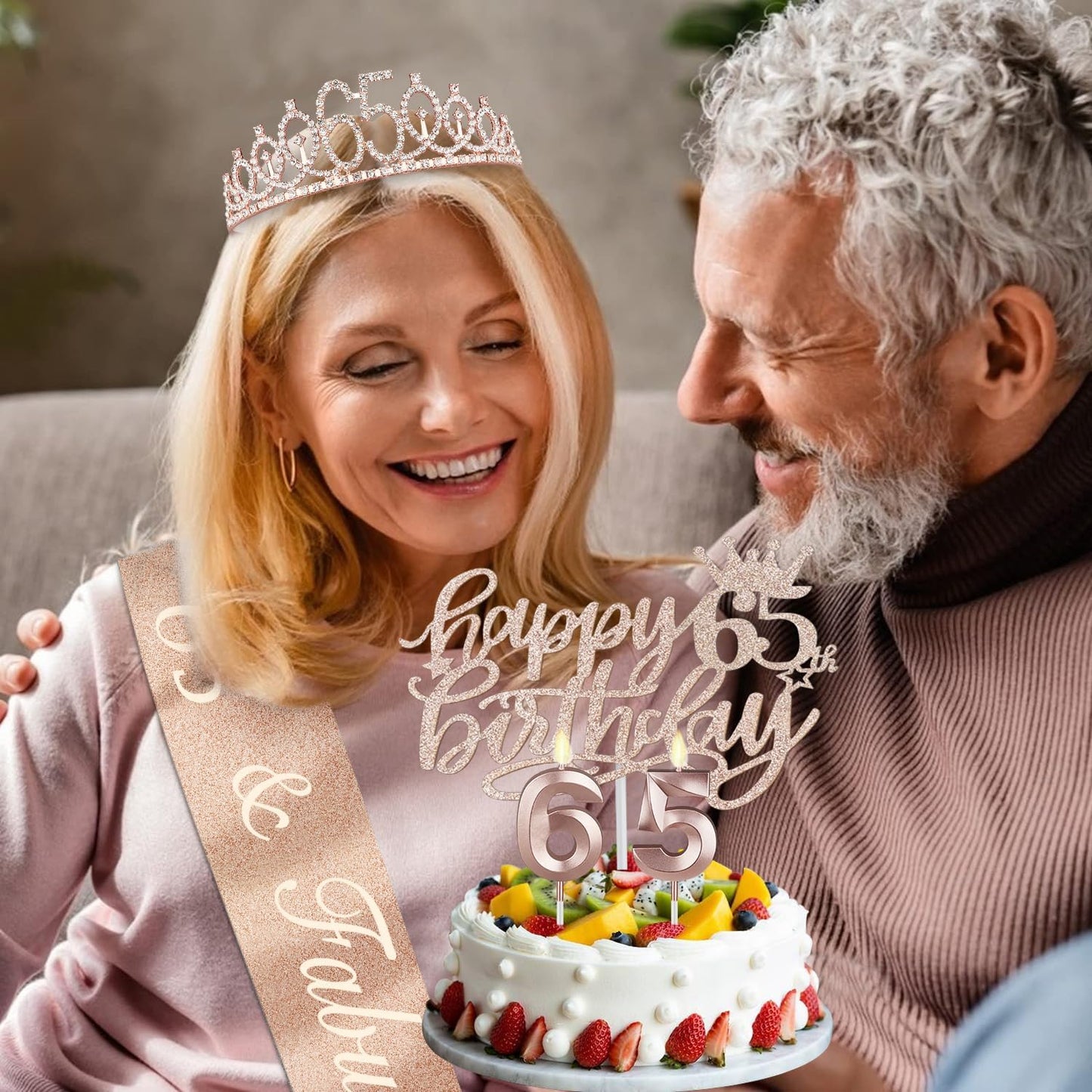65th Birthday Decorations for Women, Including 65th Birthday Sash and Crown, Cake Topper and Candles, Number Balloons Rose Gold, 65 Year Old Gifts for Women