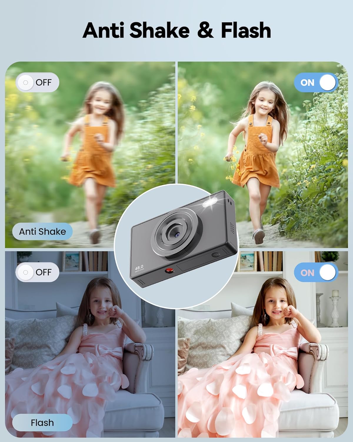 64GB Digital Camera for Kids Photography: 48MP Mini Camera Anti Shake 1080P Video Camera Autofocus 16X Zoom Anti Shake Point and Shoot Camera 2 Batteries Gift for Kid Student Beginner Black