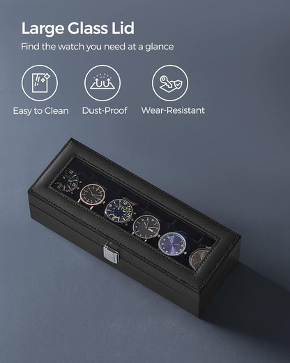 SONGMICS Watch Box, 6-Slot Watch Case, Watch Box Organizer, Black Synthetic Leather, Greenish Gray Lining UJWB06BK