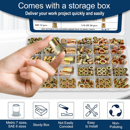 Vifmy Metric & SAE Rivet Nut Assortment Kit(420 Pcs),m3 m4 m5 m6 m8 m10 m12#6-32#8-32#10-24 1/4"-20 5/16"-18 3/8"-16 UNC Flat Head Rivnut Set,Zinc Plated Finish Carbon Steel Nutsert