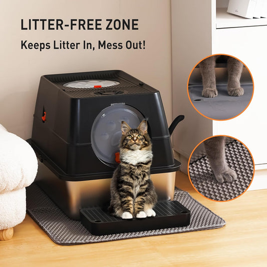 Citylife Stainless Steel Litter Box with Lid Flip-Top Removable High Enclosed Cat Litter Box with Litter Mat Step&Litter Scoop Metal Litter Pan Easy Cleaning Odor-Resistant Large Space for Cats Black