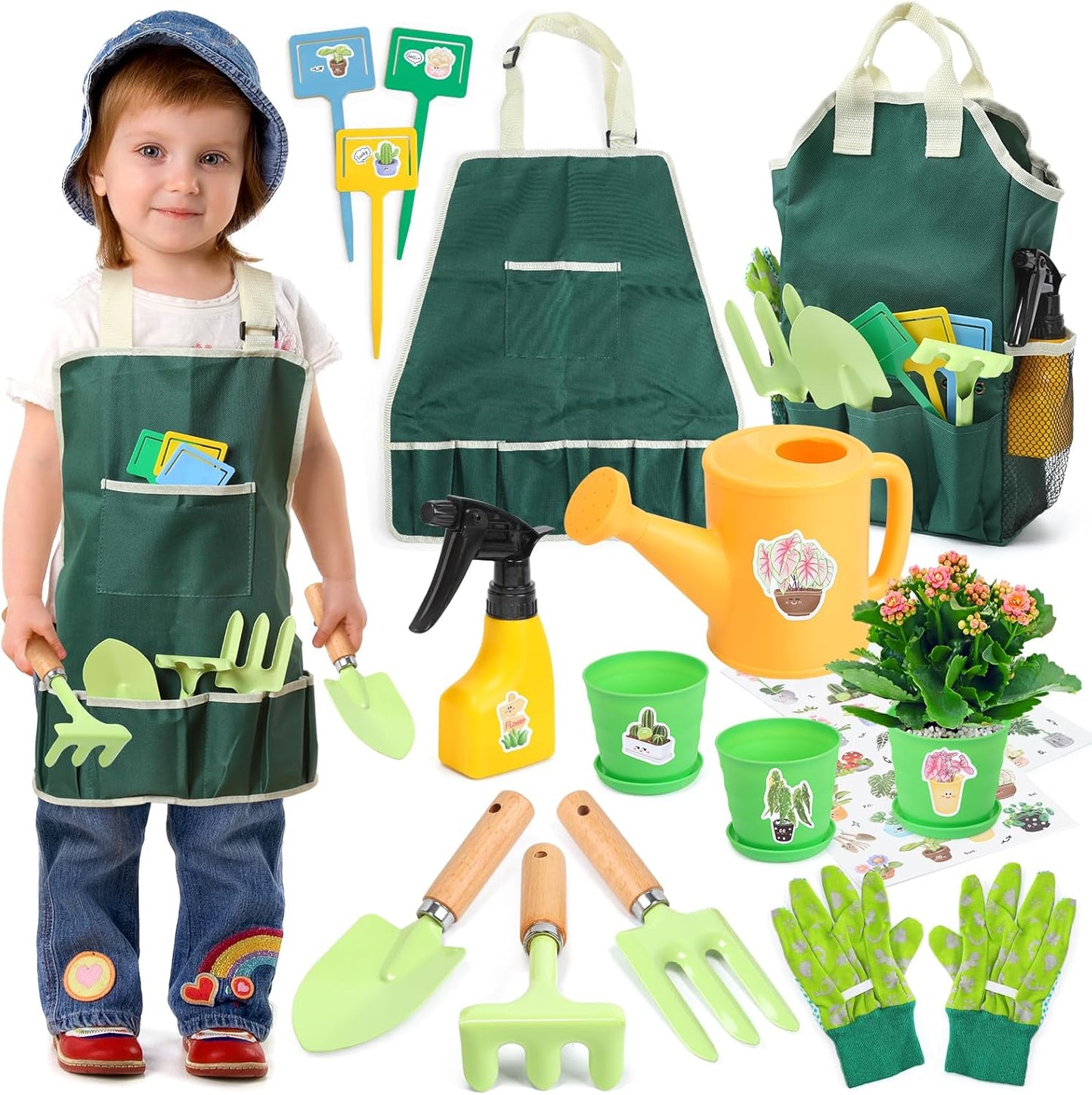 CUTE STONE Pink Kids Gardening Tool Set, Garden Toys W/ Shovel, Rake, Trowel, Apron W/Pockets, Garden Tote Bag, Watering Can, DIY Stickers, Outdoor Backyard Digging Gift Toys for Boys Girls