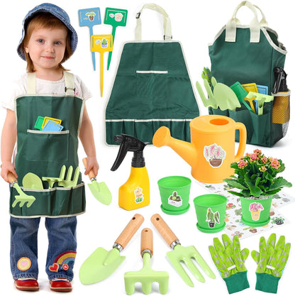 CUTE STONE Pink Kids Gardening Tool Set, Garden Toys W/ Shovel, Rake, Trowel, Apron W/Pockets, Garden Tote Bag, Watering Can, DIY Stickers, Outdoor Backyard Digging Gift Toys for Boys Girls