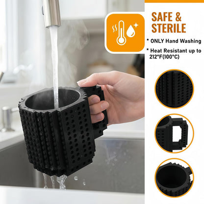 Lumsburry Build-on Brick Coffee Mug, Funny DIY Unique Novelty Drinking Cup | Building Blocks Creative Mug, for Men Women Kids Dad Mom, Present Exchange Ideas, Xmas Birthday White Elephant(Black)