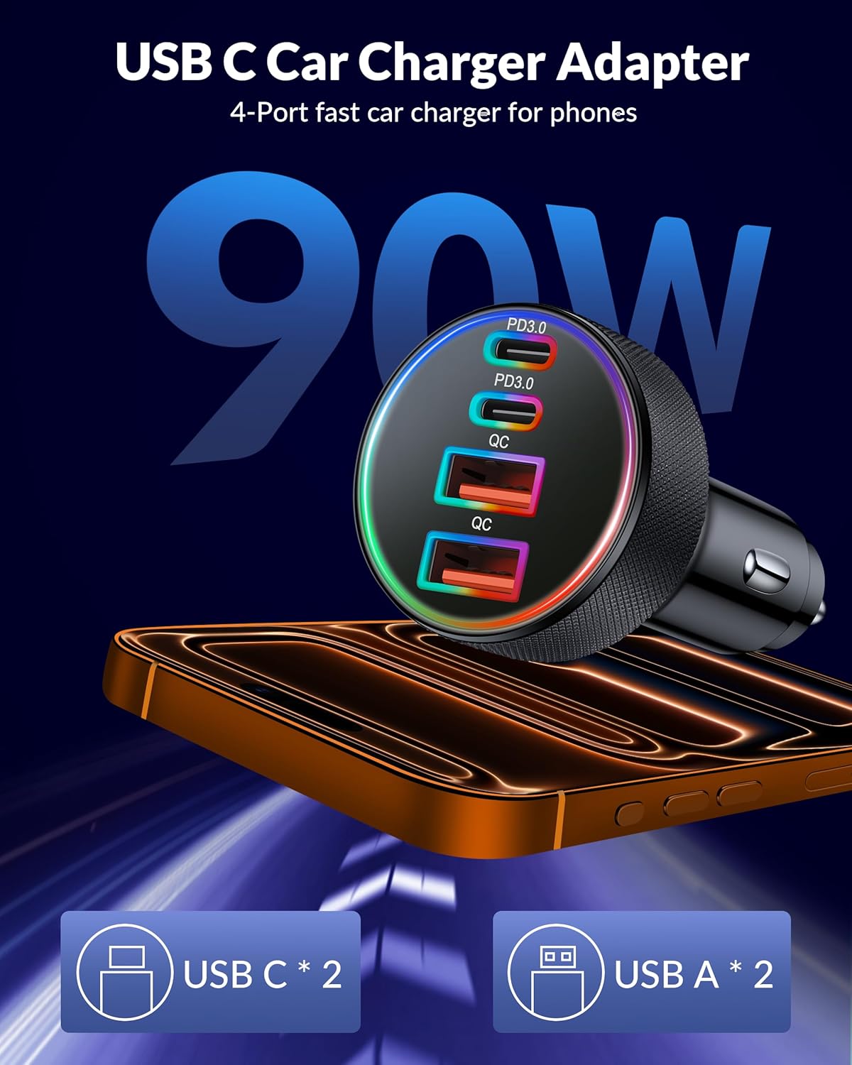 Car Charger USB C, 4-Port 90W Super Fast Charging Car Phone Charger Accessories Dual USB-C & USB-A Cargador Carro Cigarette Lighter Adapter for iPhone 17 16 15 14 13 12, iPad, Galaxy, Tablet, Android