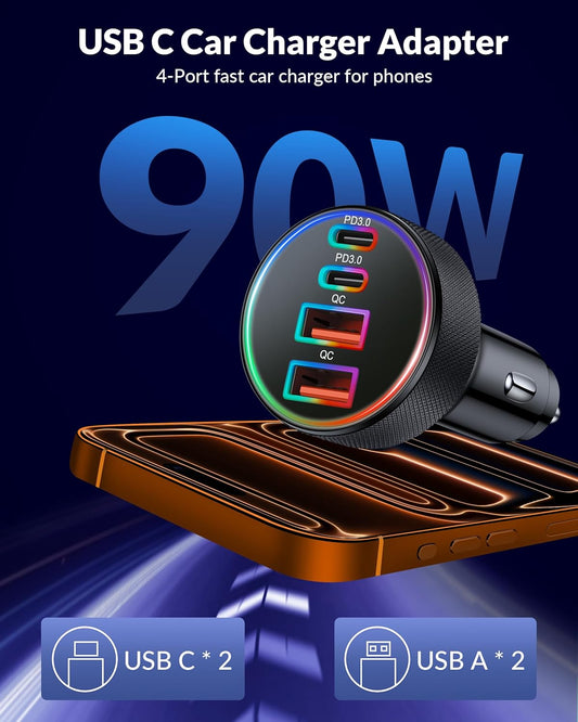Car Charger USB C, 4-Port 90W Super Fast Charging Car Phone Charger Accessories Dual USB-C & USB-A Cargador Carro Cigarette Lighter Adapter for iPhone 17 16 15 14 13 12, iPad, Galaxy, Tablet, Android - PuriLite