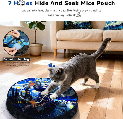 Interactive Cat Toy with Motion Activated Ball & 7-Hole Play Mat, Hide and Seek Exercise Game for Indoor Cats, Automatic Moving Cat Ball in Pouch, Rechargeable Cat Toys(Starry Night)